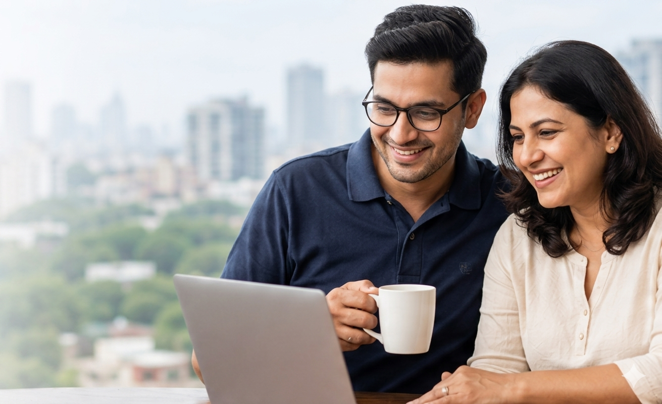 Happy young Indian couples using laptop abroad